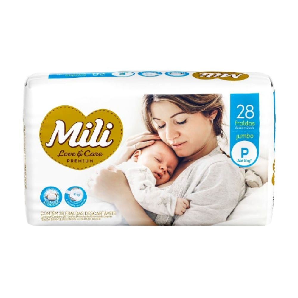 Fralda Descartável Mili - Love &amp; Care - Linha Premiun - Tamanho P- 5 Pacotes c/28 (total 140 fraldas)