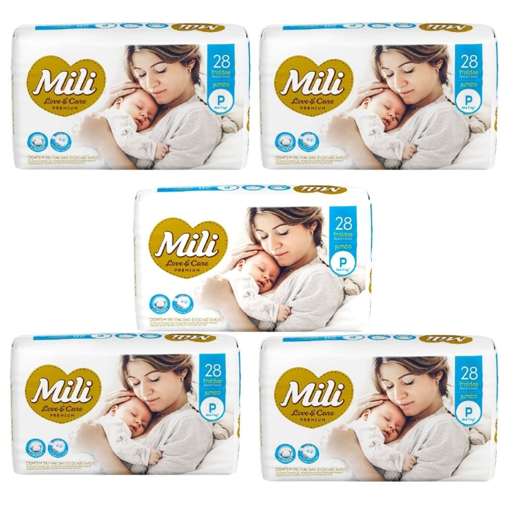 Fralda Descartável Mili - Love &amp; Care - Linha Premiun - Tamanho P- 5 Pacotes c/28 (total 140 fraldas)