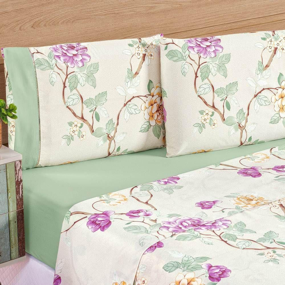 Jogo De Lençol Queen 200 Fios Estampado 4 Peças Naturalle Verde Floral