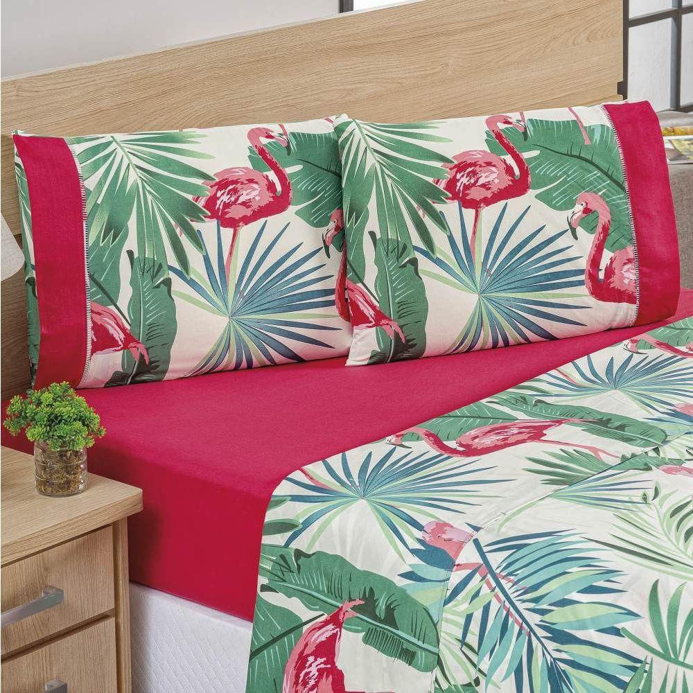 Jogo De Lençol Solteiro 200 Fios Estampado 3 Peças Naturalle Flamingo