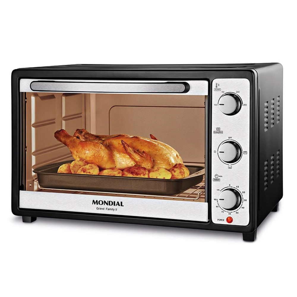 Forno Elétrico Mondial Grand Family II FR-52 com Multifunções, Controle de Temperatura e Timer de 90 Minutos Preto/Inox 1800W 52 Litros