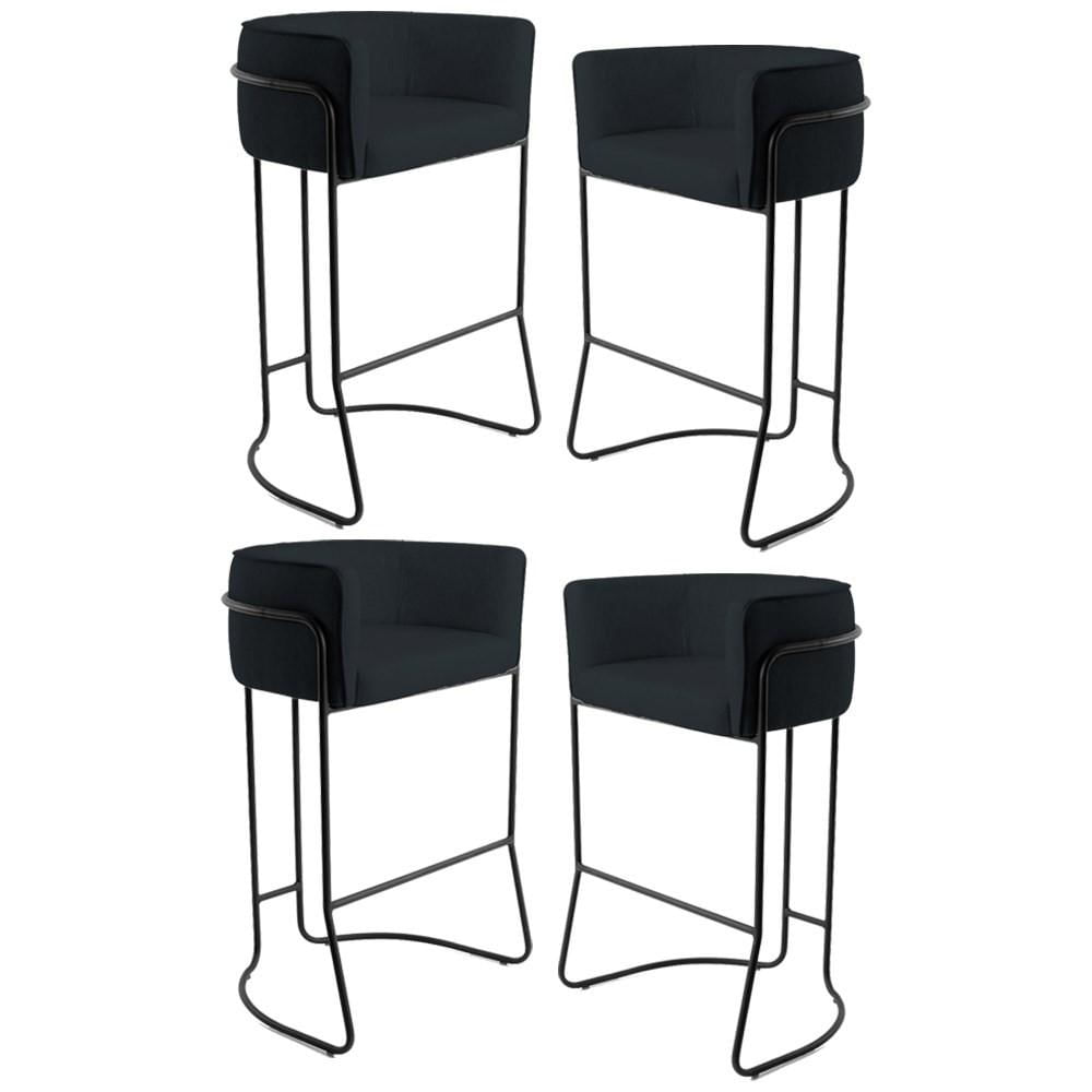 Kit 4 Banquetas Decorativas Base Aço Preto Betina Veludo C-300 Black - Domi