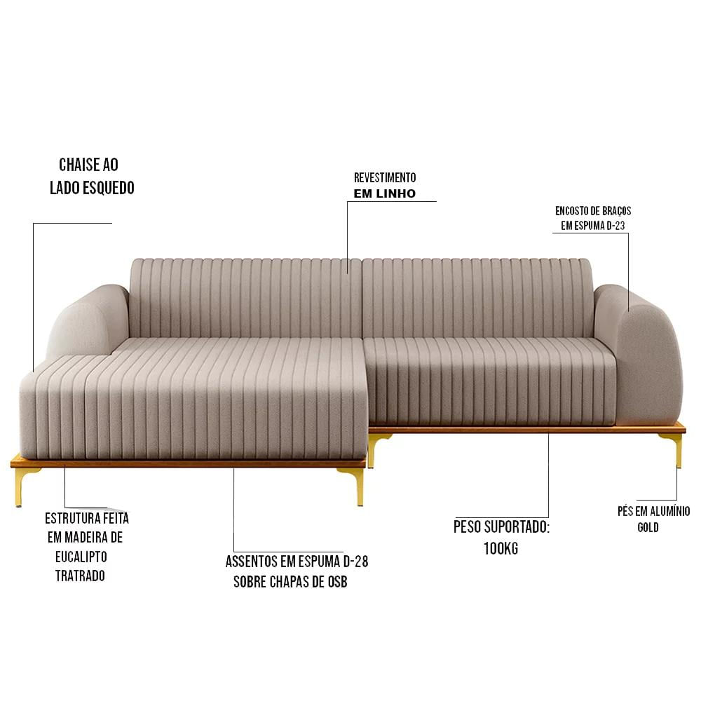 Sofá 245cm 4 Lugares com Chaise Esquerdo Pés Gold Molino C-107 Linho Bege - Domi