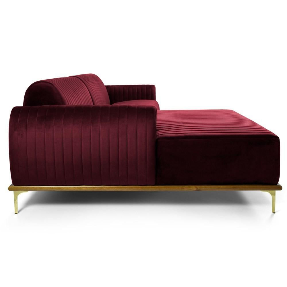 Sofá 350cm 6 Lugares com Chaise Esquerdo Pés Gold Molino C-278 Veludo Marsala - Domi