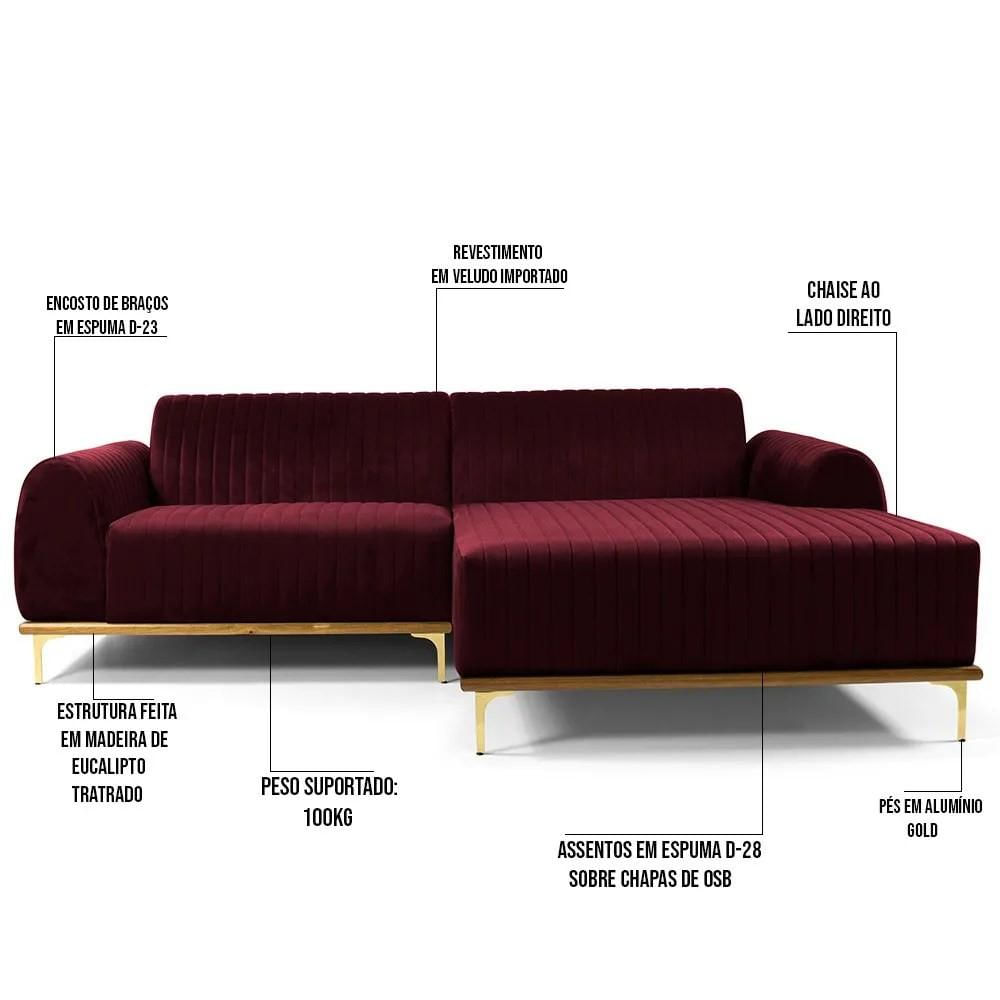 Sofá 255cm 4 Lugares com Chaise Direito Pés Gold Molino C-278 Veludo Marsala - Domi