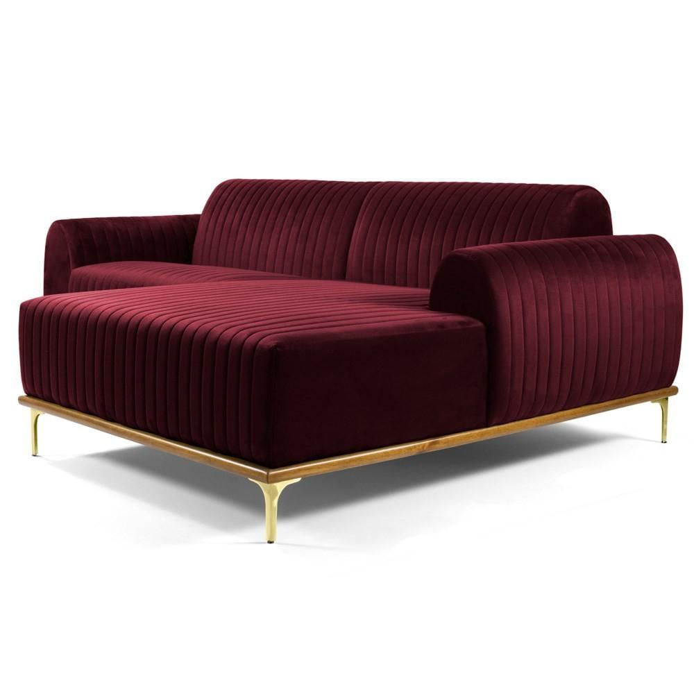 Sofá 255cm 4 Lugares com Chaise Direito Pés Gold Molino C-278 Veludo Marsala - Domi