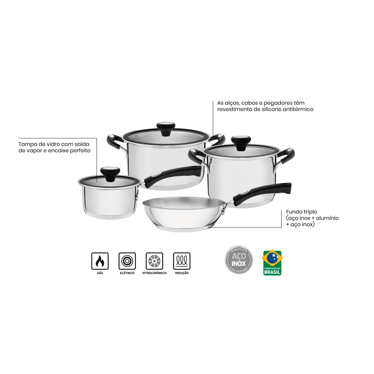 Jogo de Panelas Tramontina Solar Silicone em Aço Inox com Fundo Triplo 4 Peças