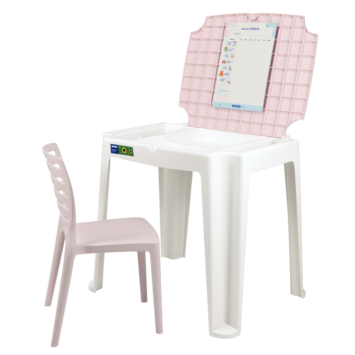 Conjunto Infantil de Mesa e Cadeira Tramontina Beni Rosa em Polipropileno com Quadro de Atividades