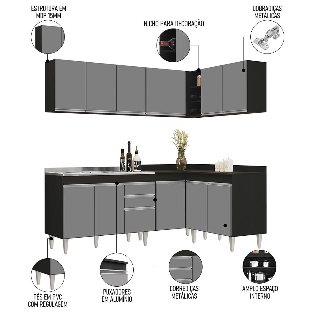 Armário de Cozinha Modulado de Canto 6 Peças CP30 com Pia Inox Preto/Cinza - Lumil