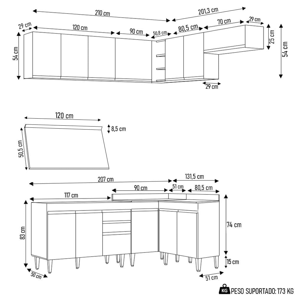 Armário de Cozinha Modulado de Canto 7 Peças CP20 Balcão com Tampo Preto/Cinza - Lumil