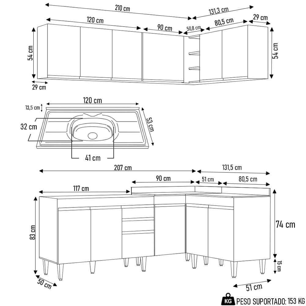 Armário de Cozinha Modulado de Canto 6 Peças CP30 com Pia Inox Preto/Cinza - Lumil