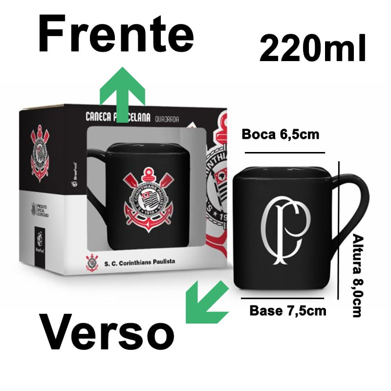 Caneca Porcelana Quadrada BrasFoot Corinthians 220 ML Licenciada Preto