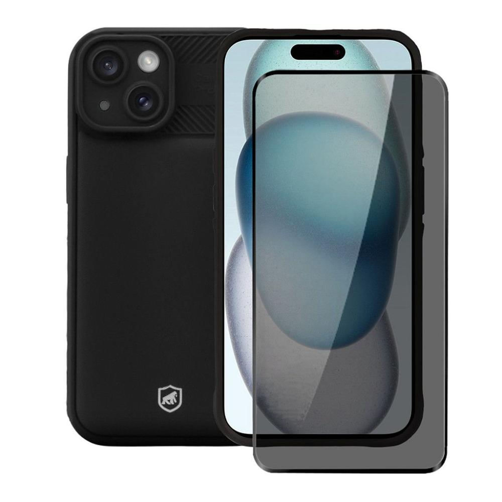 Kit Capa Symetric Preta e Película Defender Pro Privacidade para iPhone 15 - Gshield