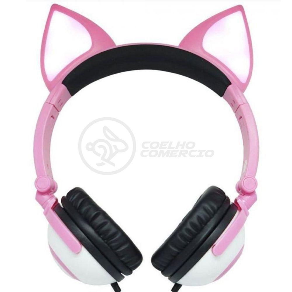 Fone De Ouvido Gatinho Fio Com Led Dobrável Microfone Rosa