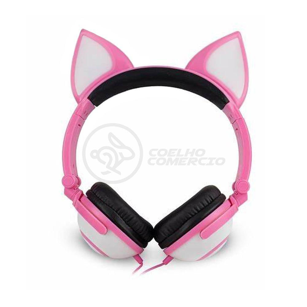 Fone De Ouvido Gatinho Fio C/ Led Infantil Rosa