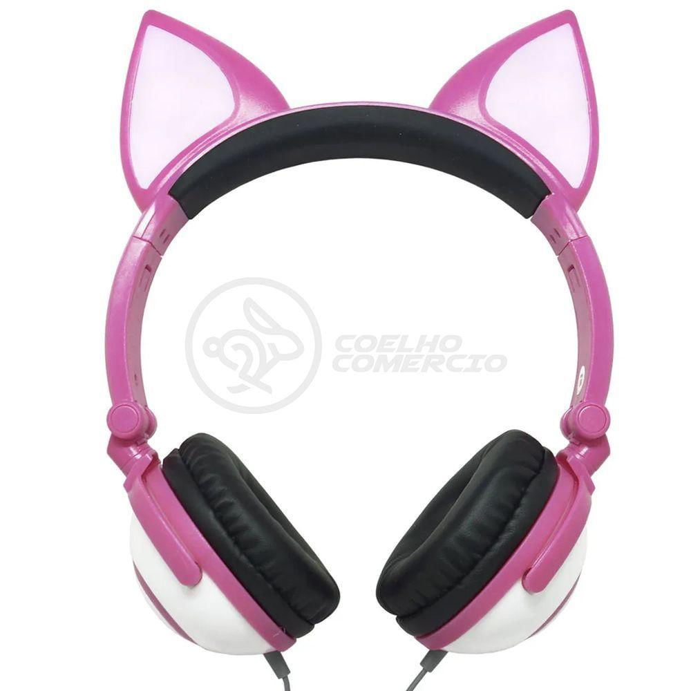 Fone De Ouvido Gatinho Fio Com Led Dobrável Microfone Rosa