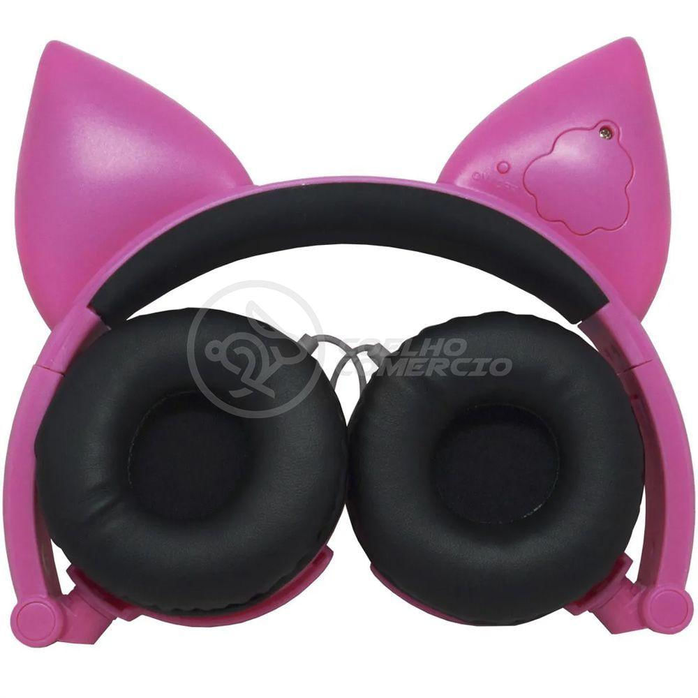 Fone De Ouvido Gatinho Fio Com Led Dobrável Microfone Rosa
