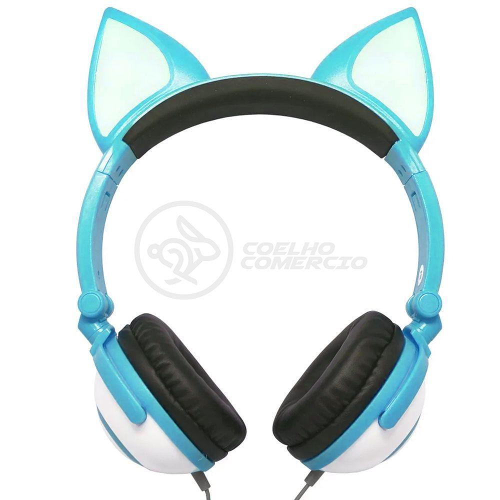 Fone De Ouvido Gatinho Led Dobrável Microfone Azul