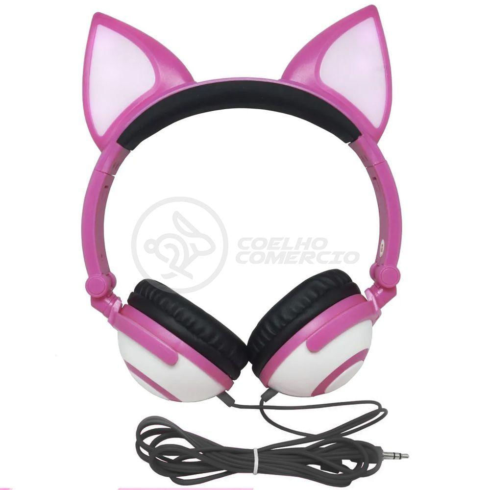 Fone De Ouvido Gatinho Fio Com Led Dobrável Microfone Rosa