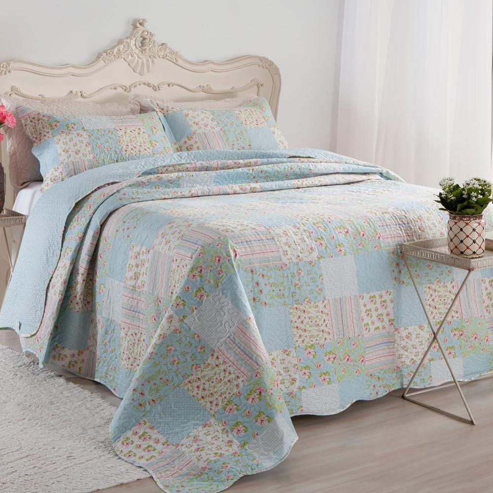 Kit Cobre Leito Colcha Daily King 3 Peças Dupla Face Estampado Floral Patchwork Azul 10 100% Poliéster