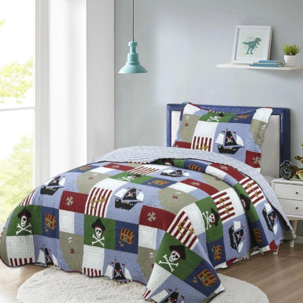 Kit Cobre Leito Colcha Magic Solteiro Infantil 2 Peças Microfibra 180 Fios Pirata Patchwork 100% Poliéster