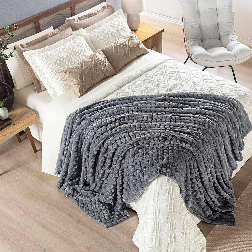 Coordenado Cobre Leito E Cobertor Tok Max Queen Ultrasoft Alto Relevo Dupla Face Cinza 100% Poliéster