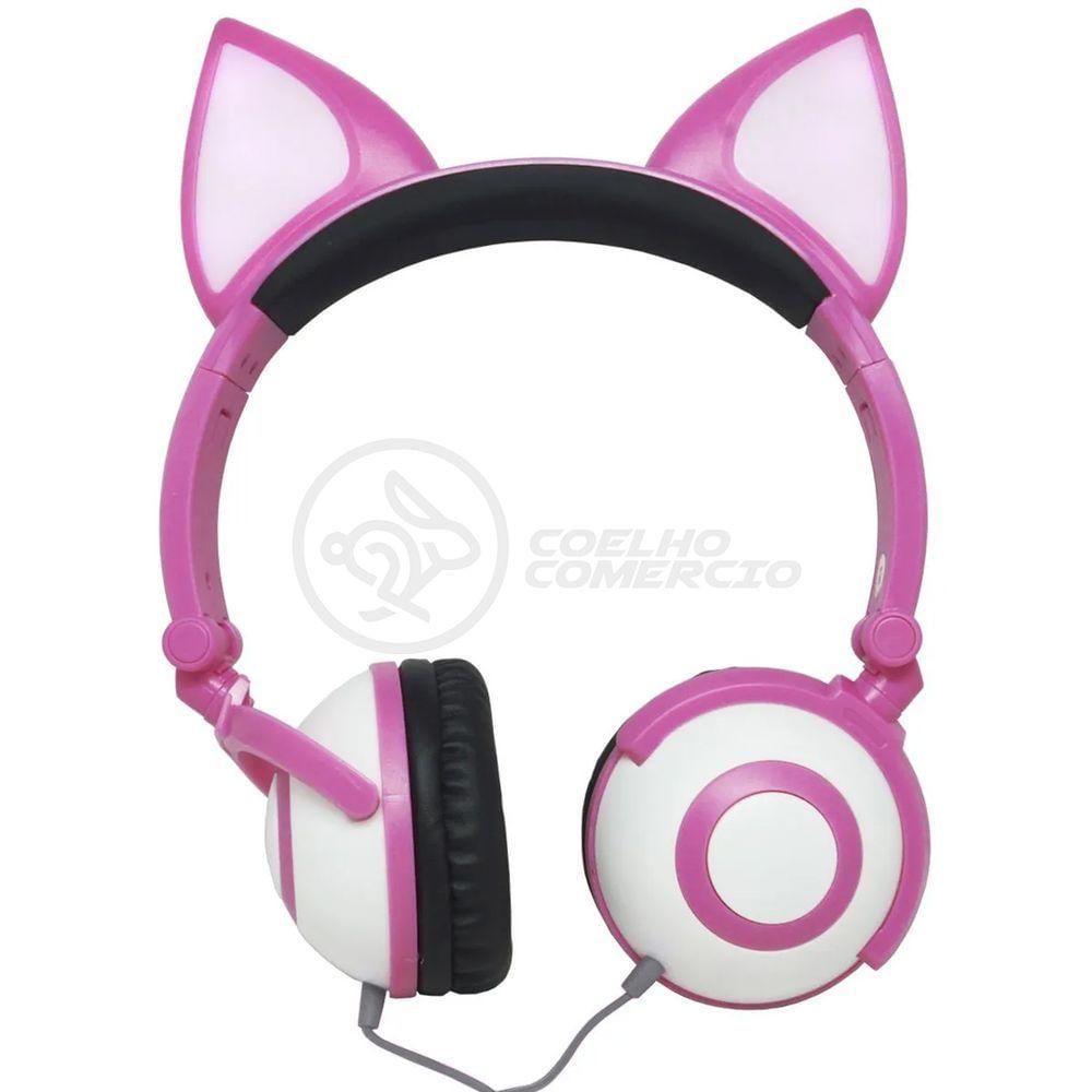 Fone De Ouvido Gatinho Fio Com Led Dobrável Microfone Rosa