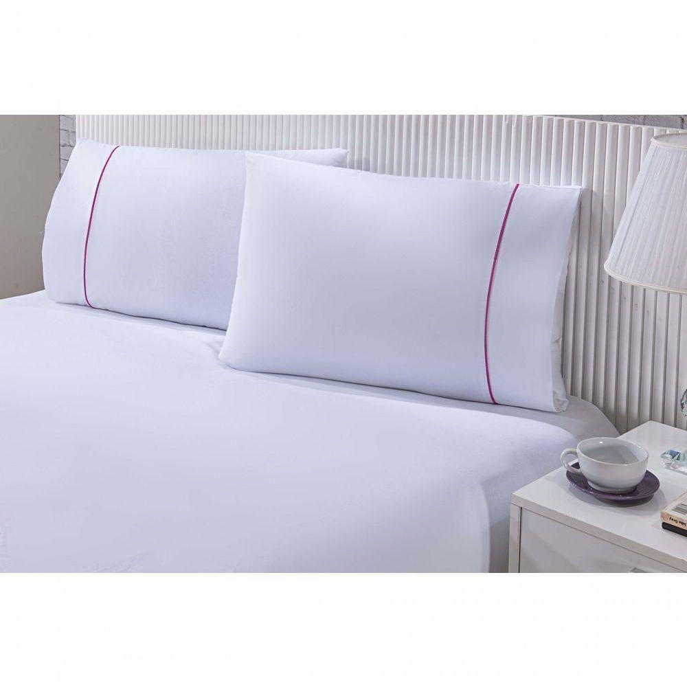 Jogo De Cama 100% Algodão Percal 150 Fios Solteiro Gran Moratta 2 Peças - Branco E Detalhe Rosa