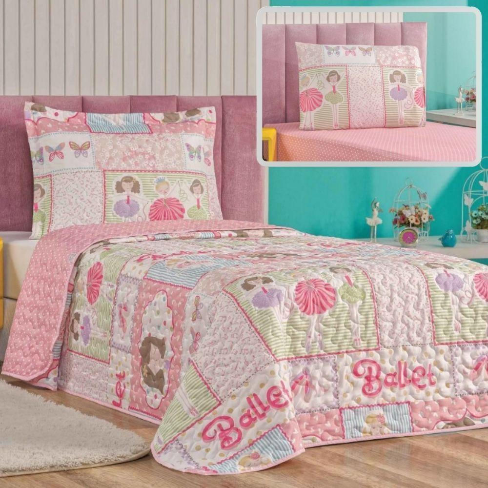 Enxoval Kit Colcha + Jogo De Cama Lençol Bouti Solteiro Infantil Kids 4 Peças - Ballet