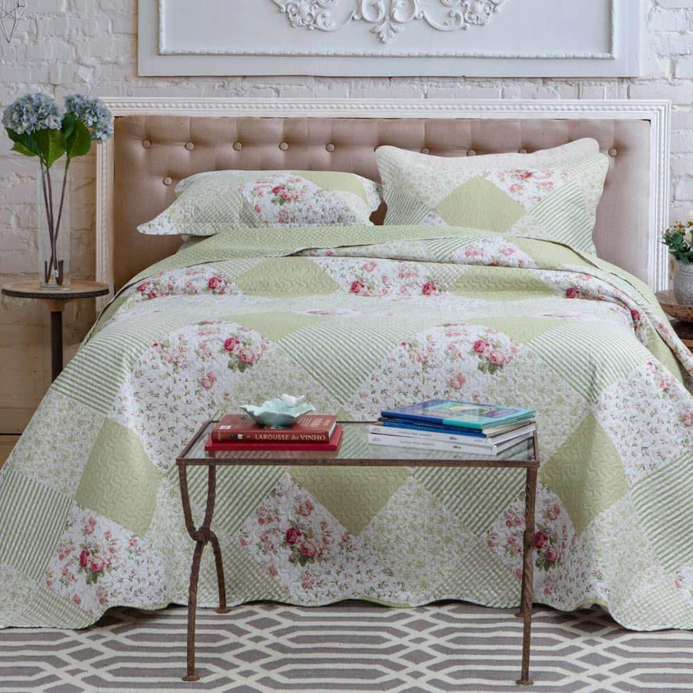 Kit Cobre Leito Colcha Daily Queen 3 Peças Dupla Face Estampado Floral Patchwork Verde 8 100% Poliéster