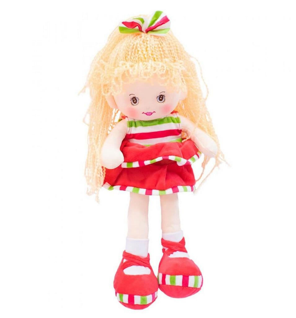 Boneca Pelúcia Laço Cabelo Saia Vermelha 40cm