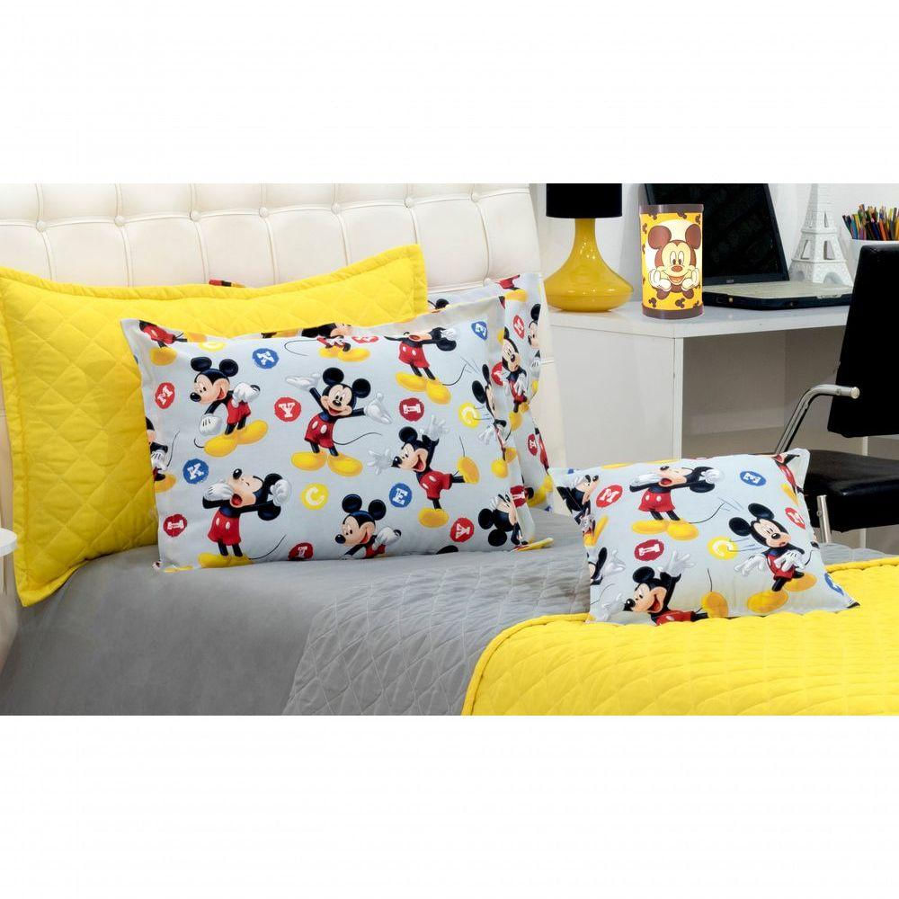 Cobreleito Mickey Solteiro Dupla Face Amarelo E Cinza 03 Pçs [f101]