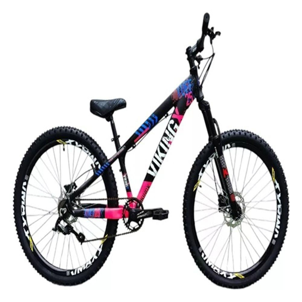 Bicicleta Vikingx Preto Rosa Aro 26 Single Wheeling Freio Hidráulico