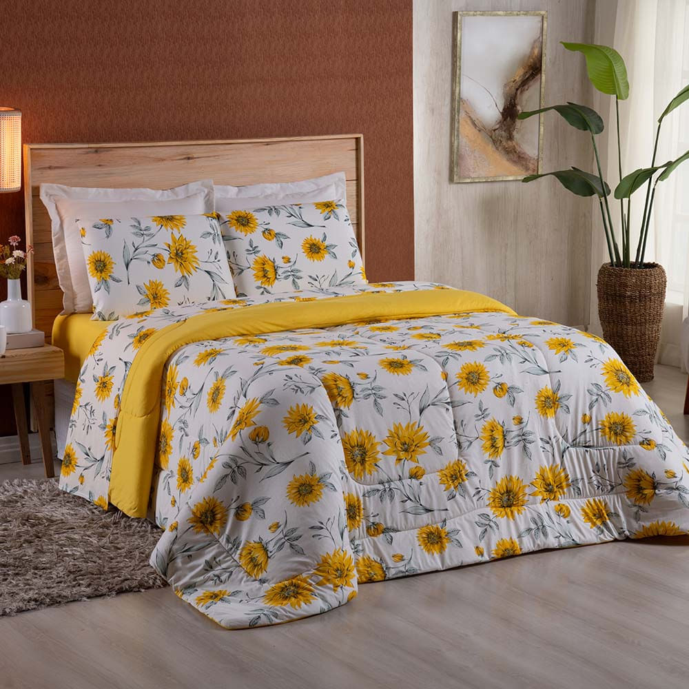 Edredom Queen Dallas Soft Malha 100% Algodão Dupla Face 01 Peça - Amarelo Floral