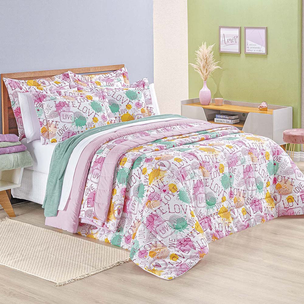 Kit Edredom Amore Queen 3 Peças Estampado Percal 200 Fios 100% Algodão