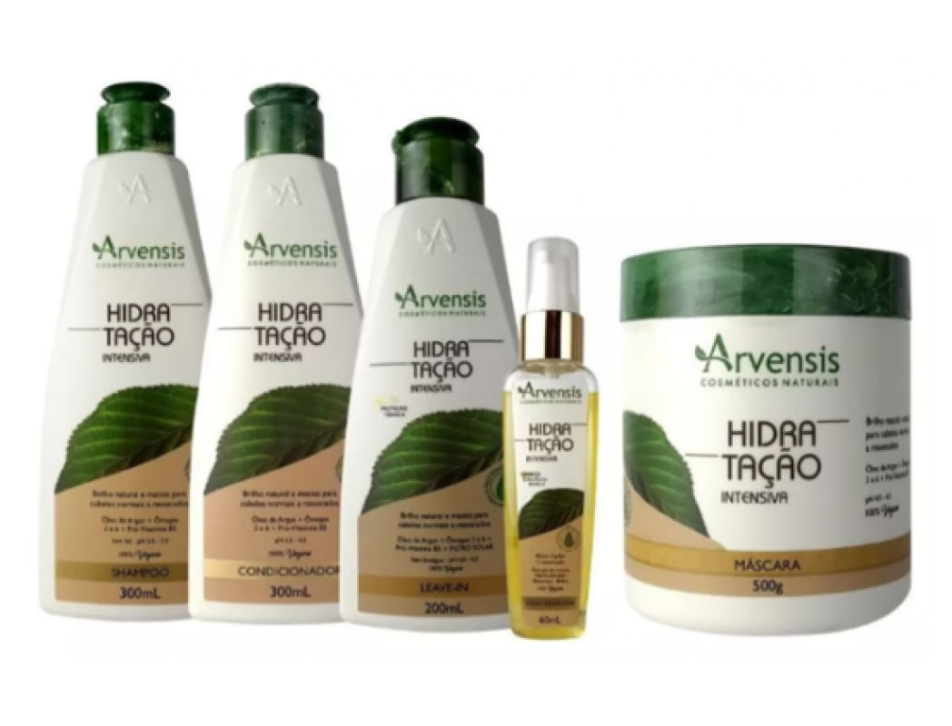 Kit Arvensis Hidratação Shampoo Condicionador Leave-in Argan Mascara 500g