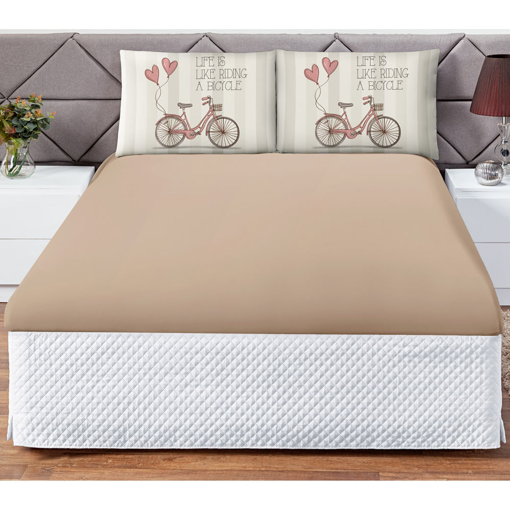 Jogo Cama Lençol Shine Casal Microfibra 180 Fios 3 Peças - Vintage Bike Bege