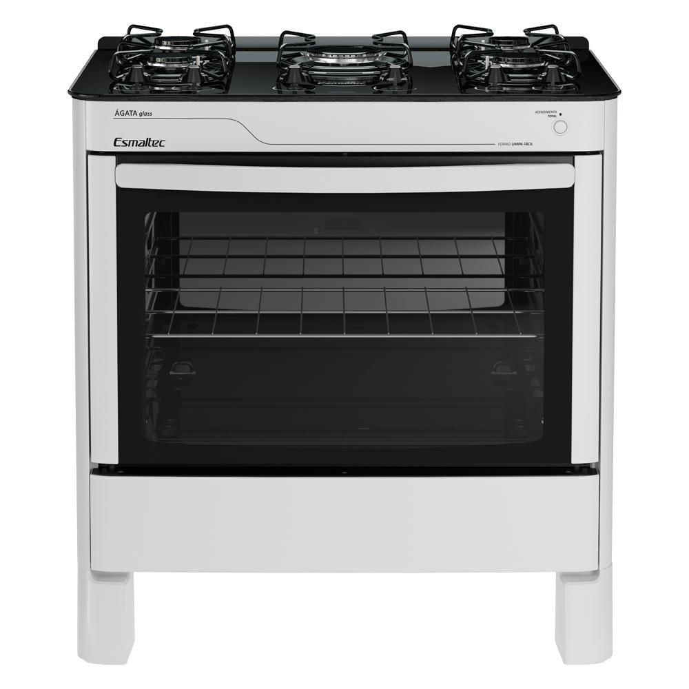 Fogão Esmaltec ágata Glass 5 Bocas Branco Forno Limpa Fácil E Acendimento Automático Bivolt