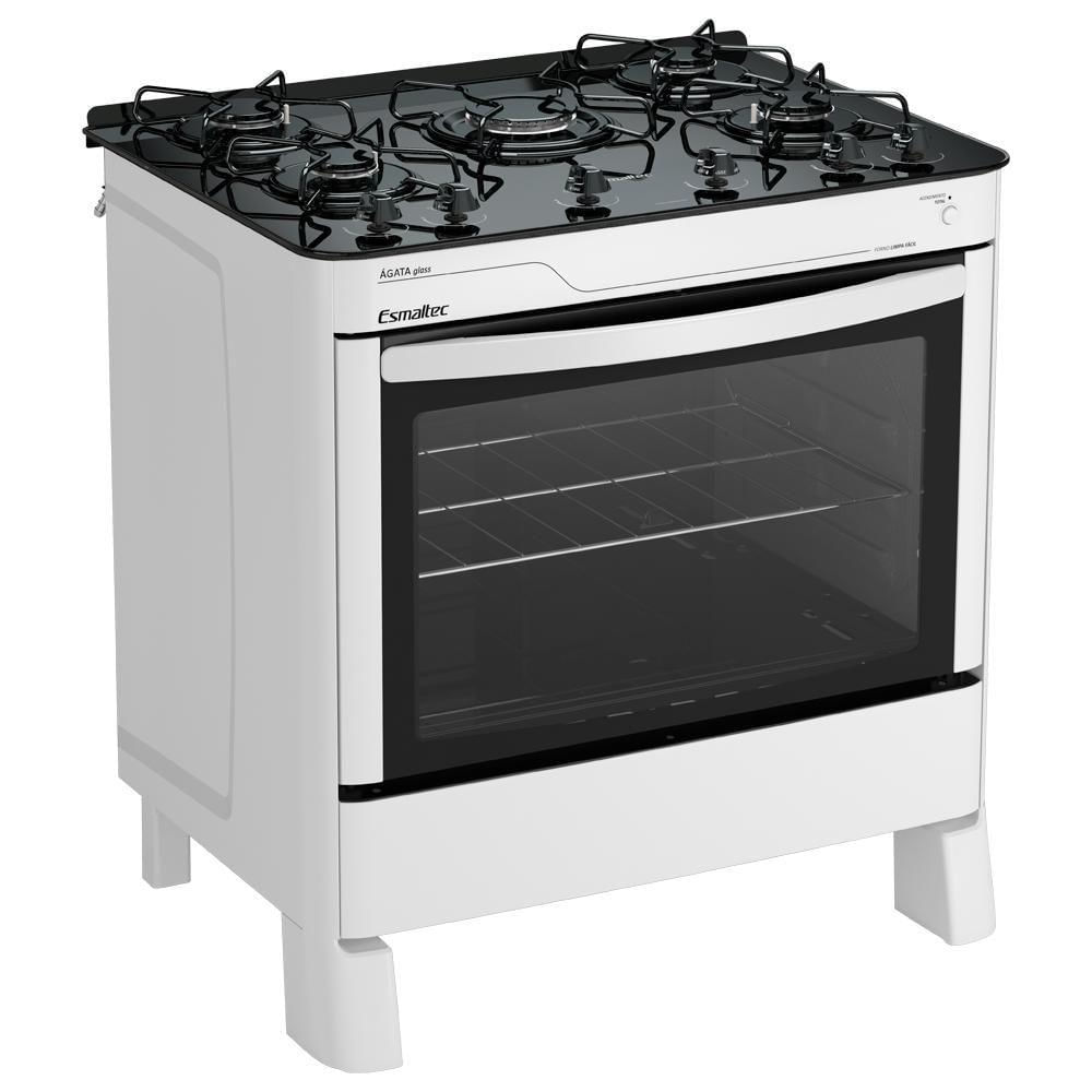 Fogão Esmaltec ágata Glass 5 Bocas Branco Forno Limpa Fácil E Acendimento Automático Bivolt