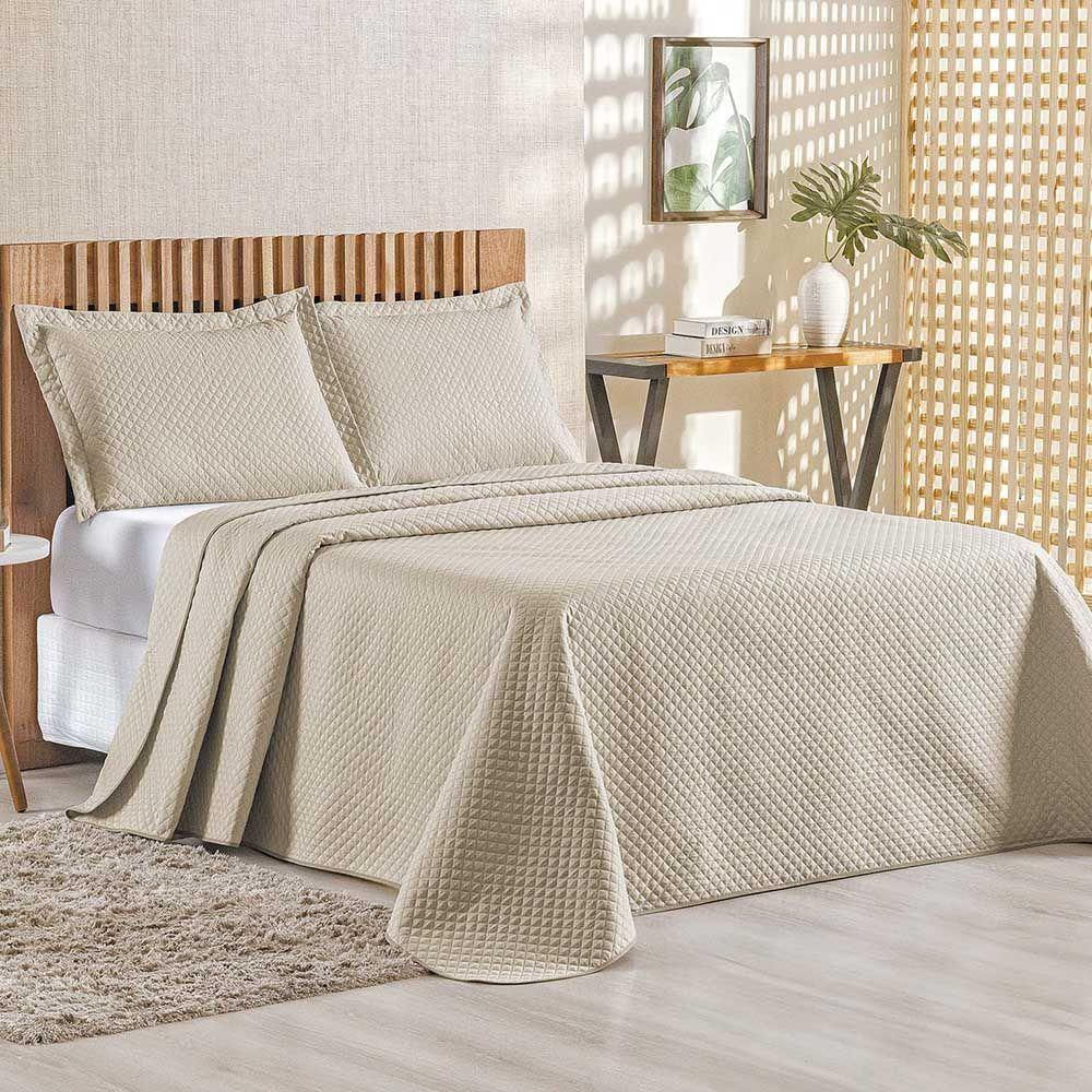 Kit Cobre Leito Colcha Ideale Queen 3 Peças Matelado Geométrico - Cáqui - 100% Poliéster