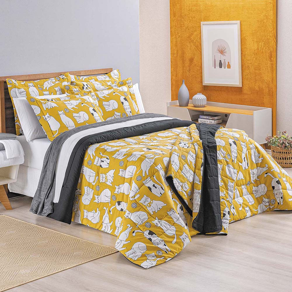 Kit Edredom Gatos Queen 3 Peças Estampado Percal 200 Fios 100% Algodão