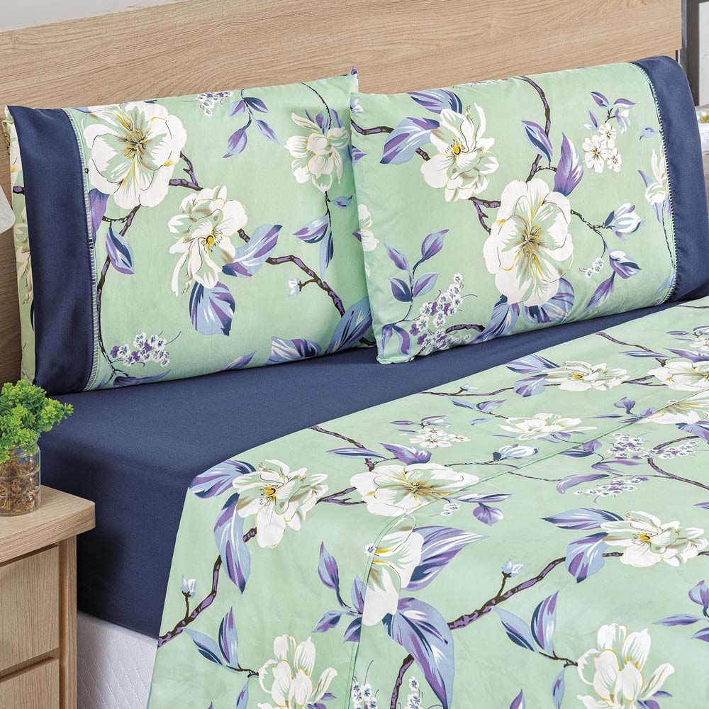 Jogo de Cama Lençol Diamond King Tecido Micro Percal Floral 200 Fios 4 Peças - Azul Flores