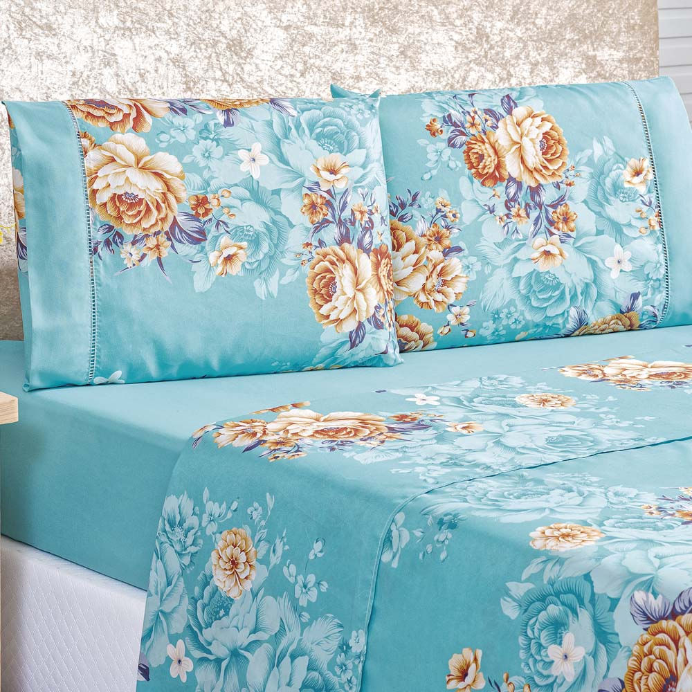 Jogo de Cama Lençol Diamond King Tecido Micro Percal Floral 200 Fios 4 Peças - Azul Turquesa Florido