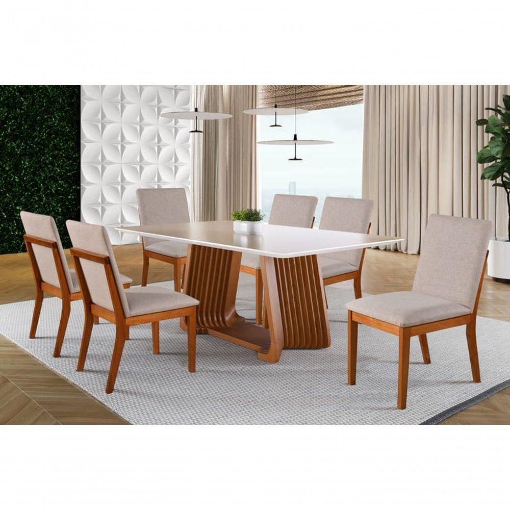 Sala De Jantar Com Vidro Madeira Maciça 6 Cadeiras 2,0x1,0m - Turmalina - Harmonia Salas