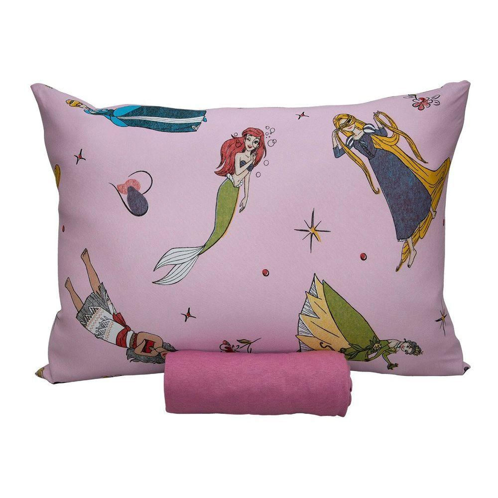 Jogo De Cama Portallar Solteiro Malha 100% Algodão Disney Princesas Brilhantes 2 Pçs Rosa