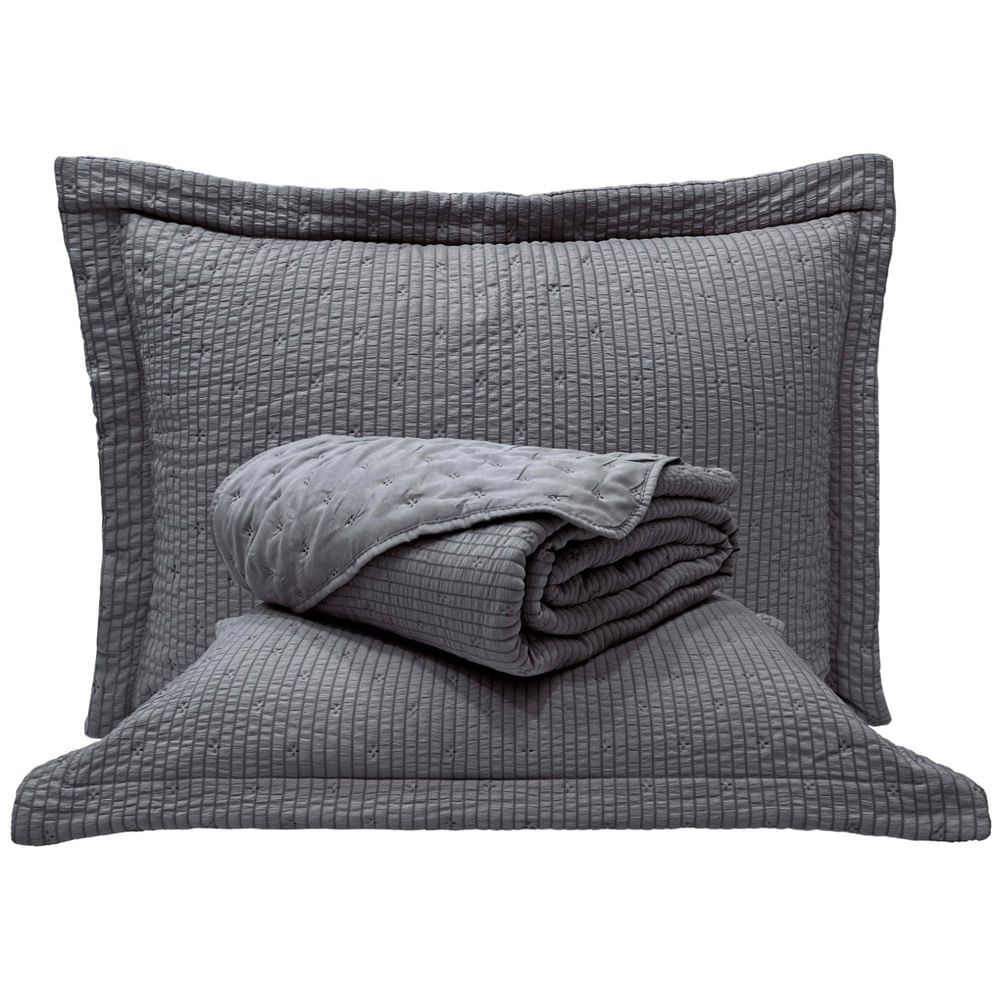 Kit Cobre Leito Colcha Anabela King Dupla Face Texturizado Percal 300 Fios 3 Peças - Cinza