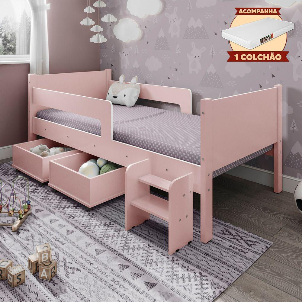 Cama Solteiro Com 2 Baus Organizador E Escada Luna Plus Rosa Com Colchão - Branco