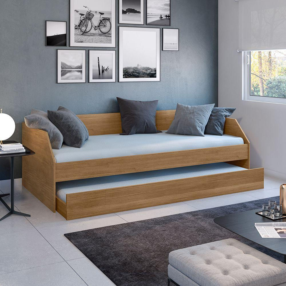 Bicama Solteiro Duo Luxo Com Cama Auxiliar Em Mdf Premium Amendoa