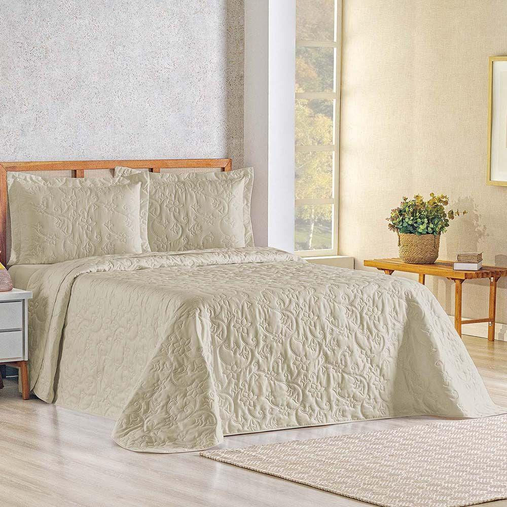 Kit Cobre Leito Colcha Celeste Queen 3 Peças Matelado Floral 180 Fios - Cáqui