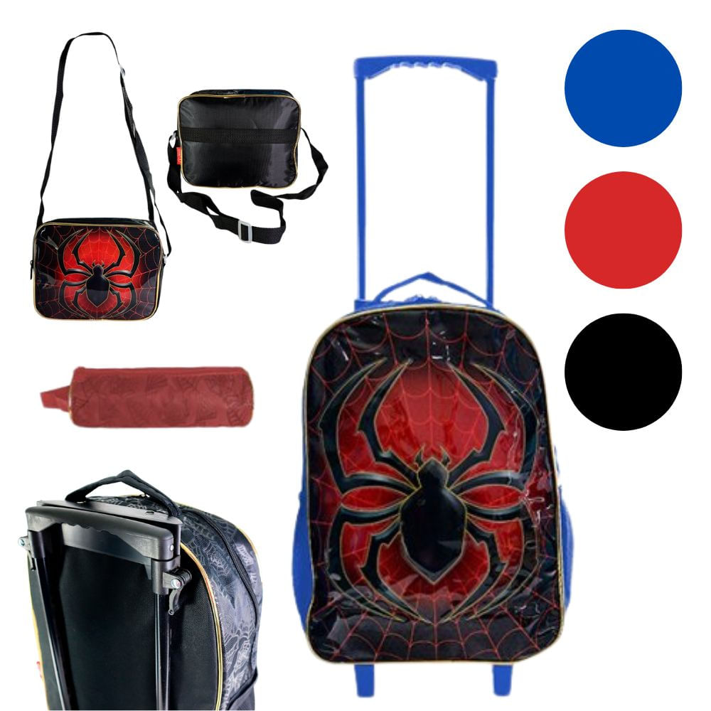 Kit Escolar Aranha Completo 03 Peças Infantil Mochila Rodinha 20 Litros  Bolso Lateral e Alça Ajustável Estojo Lancheira